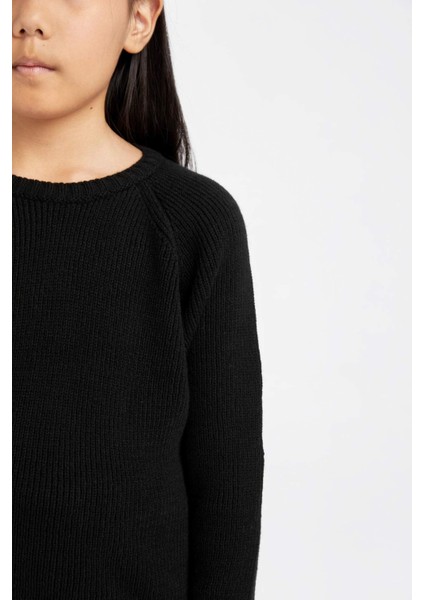 Kız Çocuk Siyah Standart Fit Bisiklet Yaka Basic Düz Triko Kazak C6910A824AU