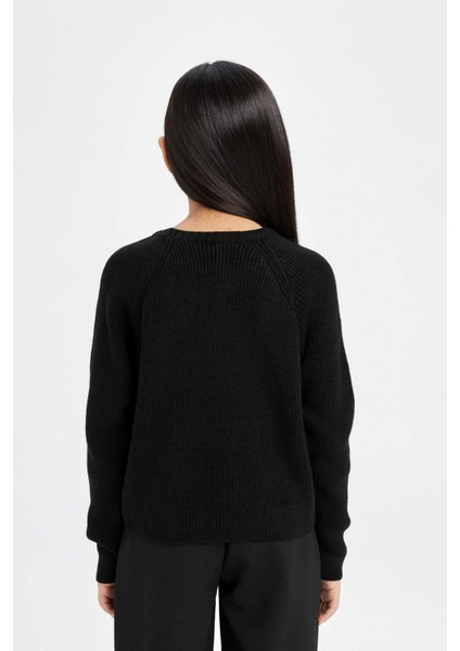 Kız Çocuk Siyah Standart Fit Bisiklet Yaka Basic Düz Triko Kazak C6910A824AU