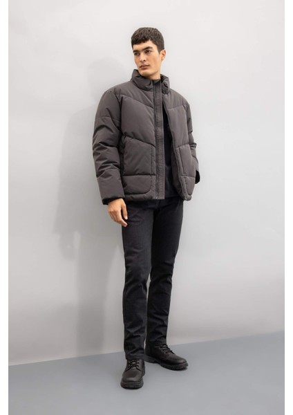 Slim Fit Dar Kesim Dik Yaka Fermuarlı Cepli Şişme Mont C9020AX24WN