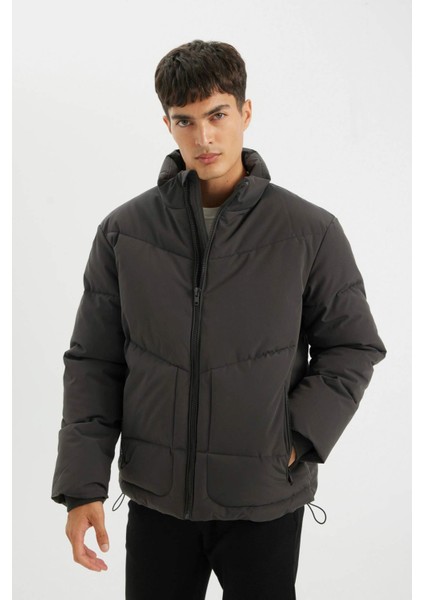 Slim Fit Dar Kesim Dik Yaka Fermuarlı Cepli Şişme Mont C9020AX24WN