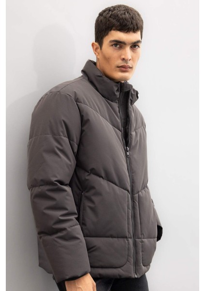 Slim Fit Dar Kesim Dik Yaka Fermuarlı Cepli Şişme Mont C9020AX24WN