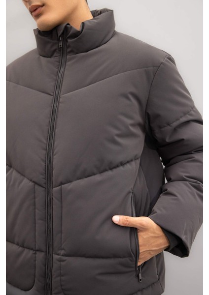 Slim Fit Dar Kesim Dik Yaka Fermuarlı Cepli Şişme Mont C9020AX24WN