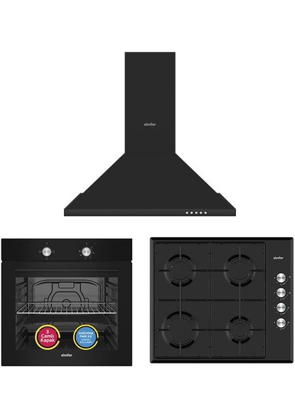 4 Fonksiyon Trend Siyah Metal 3'lü Ankastre Set (Fırın + Ocak + Davlumbaz)