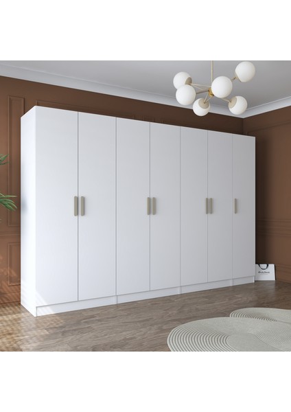 BA153 Geniş Gardırop Elbise Dolabı 7 Kapaklı 12 Raflı 3 Askılı Modüler Dolap Beyaz