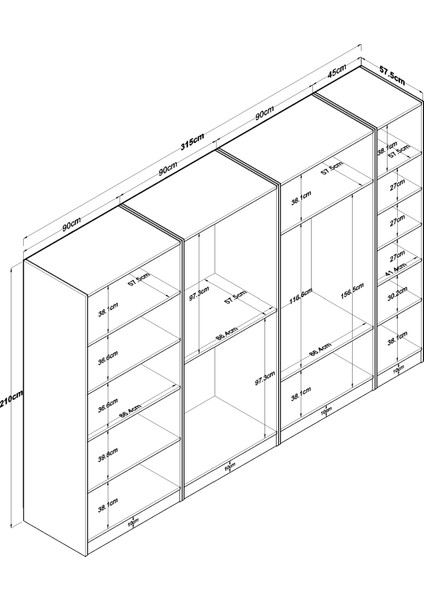BA153 Geniş Gardırop Elbise Dolabı 7 Kapaklı 12 Raflı 3 Askılı Modüler Dolap Beyaz fiyatları