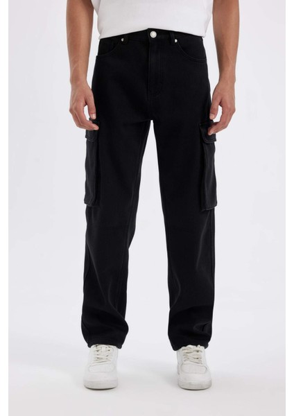 %100 Pamuk Kışlık Relax Fit Rahat Kesim Geniş Paça Siyah Jean Pantolon C9500AX24WN