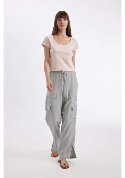 Wide Leg Dökümlü Kumaş Pantolon Beli Lastikli Bağcıklı Geniş Bol Paça Cepli Yüksek Bel Uzun Boy Paça Yırtmaçlı A9212AX24SM