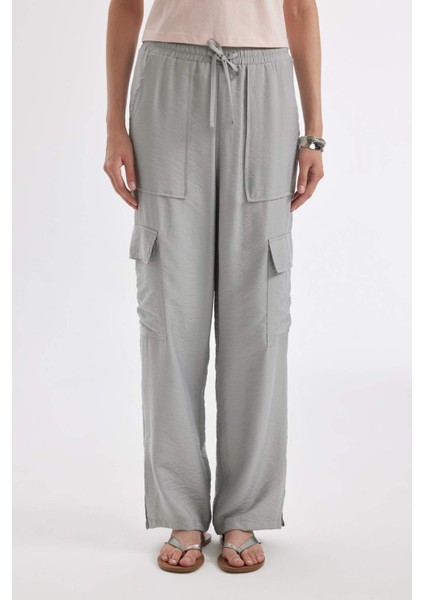 Wide Leg Dökümlü Kumaş Pantolon Beli Lastikli Bağcıklı Geniş Bol Paça Cepli Yüksek Bel Uzun Boy Paça Yırtmaçlı A9212AX24SM