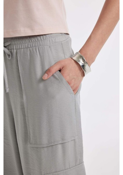 Wide Leg Dökümlü Kumaş Pantolon Beli Lastikli Bağcıklı Geniş Bol Paça Cepli Yüksek Bel Uzun Boy Paça Yırtmaçlı A9212AX24SM