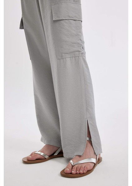 Wide Leg Dökümlü Kumaş Pantolon Beli Lastikli Bağcıklı Geniş Bol Paça Cepli Yüksek Bel Uzun Boy Paça Yırtmaçlı A9212AX24SM