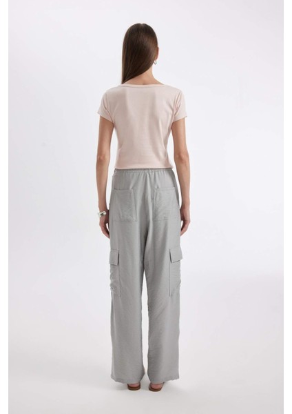 Wide Leg Dökümlü Kumaş Pantolon Beli Lastikli Bağcıklı Geniş Bol Paça Cepli Yüksek Bel Uzun Boy Paça Yırtmaçlı A9212AX24SM