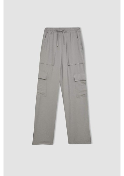 Wide Leg Dökümlü Kumaş Pantolon Beli Lastikli Bağcıklı Geniş Bol Paça Cepli Yüksek Bel Uzun Boy Paça Yırtmaçlı A9212AX24SM