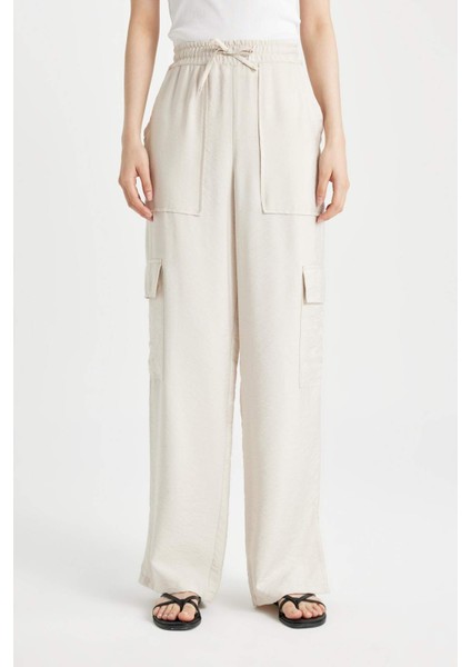 Wide Leg Dökümlü Kumaş Pantolon Beli Lastikli Bağcıklı Geniş Bol Paça Cepli Yüksek Bel Uzun Boy Paça Yırtmaçlı A9212AX24SM