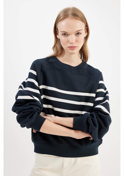 Coool Oversize Geniş Kalıp Bisiklet Yaka Çizgili Kalın Sweatshirt C8193AX24WN