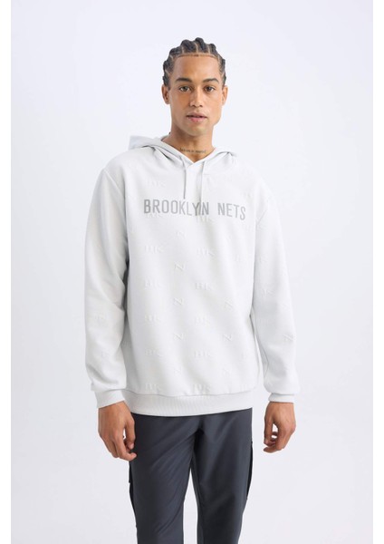 Fit NBA Brooklyn Nets Standart Fit Kapüşonlu Baskılı Jakarlı Sweatshirt C8916AX24AU