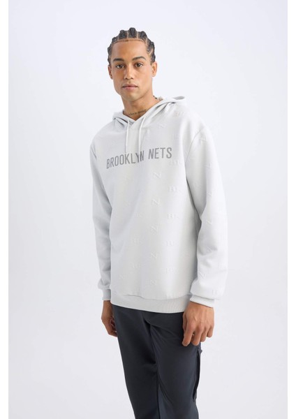 Fit NBA Brooklyn Nets Standart Fit Kapüşonlu Baskılı Jakarlı Sweatshirt C8916AX24AU