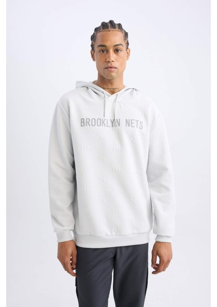 Fit NBA Brooklyn Nets Standart Fit Kapüşonlu Baskılı Jakarlı Sweatshirt C8916AX24AU