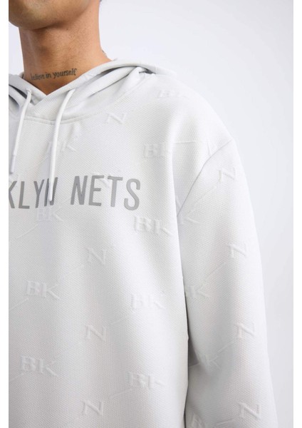 Fit NBA Brooklyn Nets Standart Fit Kapüşonlu Baskılı Jakarlı Sweatshirt C8916AX24AU