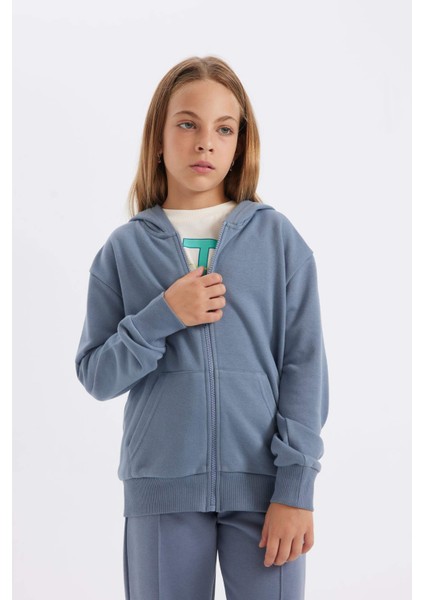 Kız Çocuk Basic Düz Kapüşonlu Cepli Fermuarlı Okul Hırkası C8110A824AU