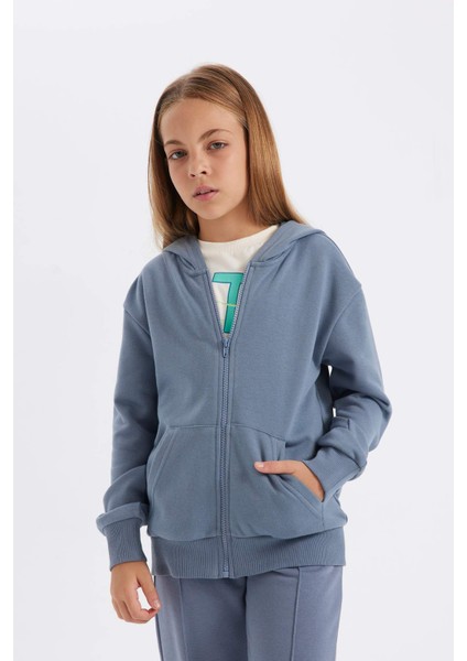 Kız Çocuk Basic Düz Kapüşonlu Cepli Fermuarlı Okul Hırkası C8110A824AU