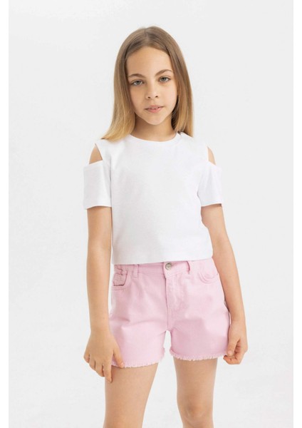 Kız Çocuk Slim Fit Dar Kesim Bisiklet Yaka Basic Düz Ribana Kısa Kollu Tişört C9714A824HS