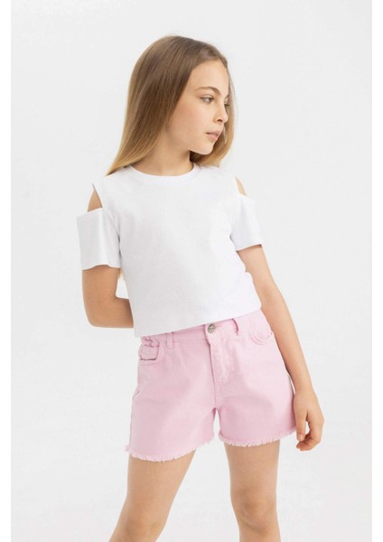 Kız Çocuk Slim Fit Dar Kesim Bisiklet Yaka Basic Düz Ribana Kısa Kollu Tişört C9714A824HS