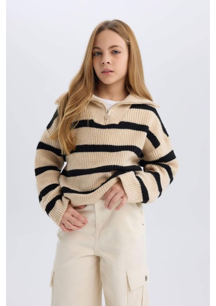 Kız Çocuk Standart Fit Dik Yaka Fermuarlı Çizgili Triko Kazak C9664A824WN