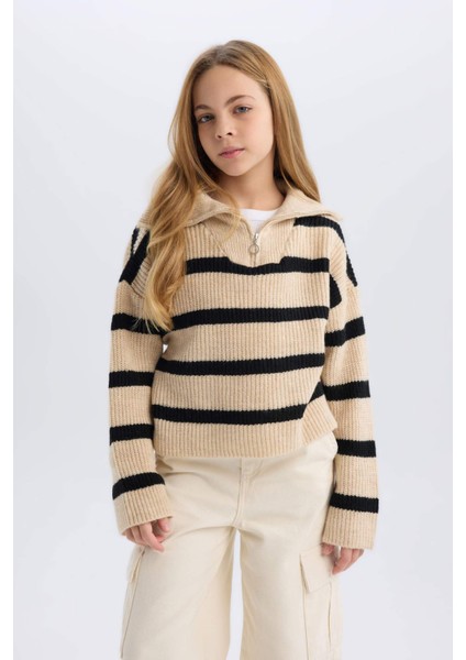 Kız Çocuk Standart Fit Dik Yaka Fermuarlı Çizgili Triko Kazak C9664A824WN