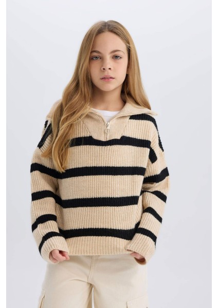 Kız Çocuk Standart Fit Dik Yaka Fermuarlı Çizgili Triko Kazak C9664A824WN