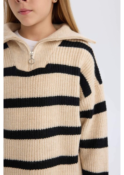 Kız Çocuk Standart Fit Dik Yaka Fermuarlı Çizgili Triko Kazak C9664A824WN