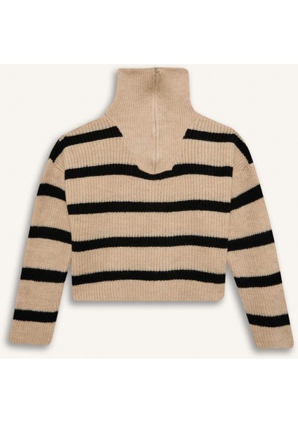 Kız Çocuk Standart Fit Dik Yaka Fermuarlı Çizgili Triko Kazak C9664A824WN