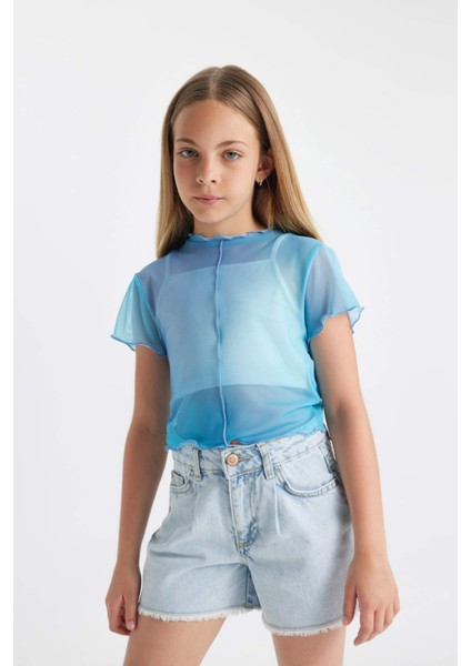 Kız Çocuk 2'li Takım Crop Bisiklet Yaka Degrade Baskılı Tül Kısa Kollu Tişört Atlet C8717A824SM