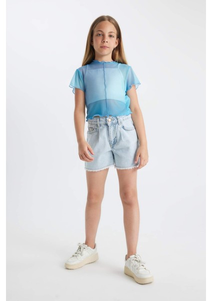 Kız Çocuk 2'li Takım Crop Bisiklet Yaka Degrade Baskılı Tül Kısa Kollu Tişört Atlet C8717A824SM