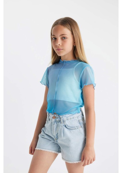 Kız Çocuk 2'li Takım Crop Bisiklet Yaka Degrade Baskılı Tül Kısa Kollu Tişört Atlet C8717A824SM