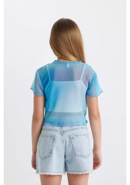Kız Çocuk 2'li Takım Crop Bisiklet Yaka Degrade Baskılı Tül Kısa Kollu Tişört Atlet C8717A824SM