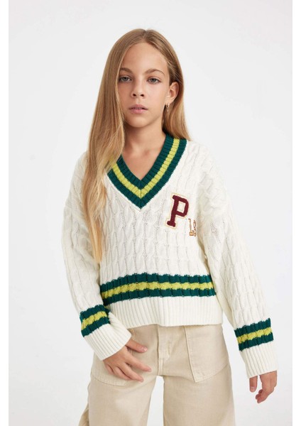 Kız Çocuk Okul Standart Fit V Yaka Triko Kazak C9669A824WN