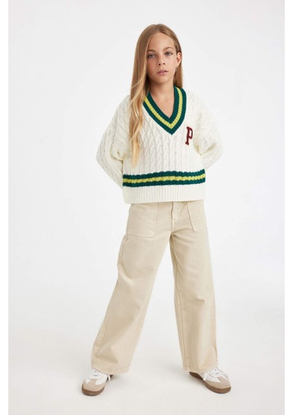 Kız Çocuk Okul Standart Fit V Yaka Triko Kazak C9669A824WN