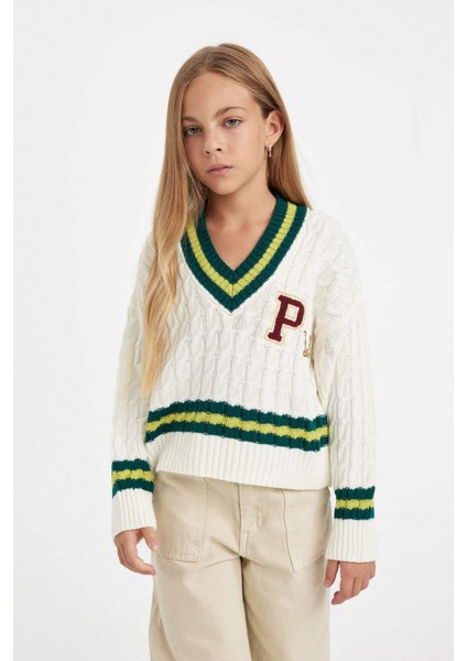 Kız Çocuk Okul Standart Fit V Yaka Triko Kazak C9669A824WN