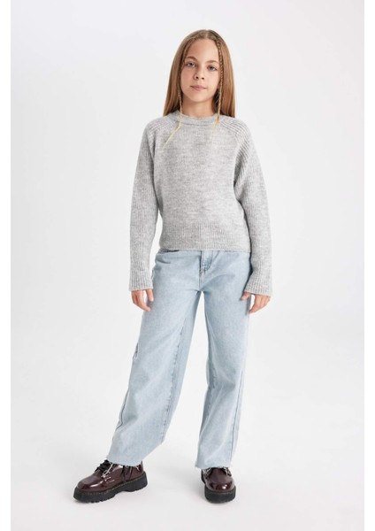 Kız Çocuk Gri Bisiklet Yaka Basic Düz Triko Kazak C9554A824AU