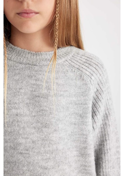 Kız Çocuk Gri Bisiklet Yaka Basic Düz Triko Kazak C9554A824AU