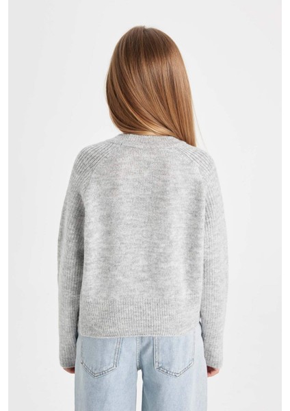 Kız Çocuk Gri Bisiklet Yaka Basic Düz Triko Kazak C9554A824AU