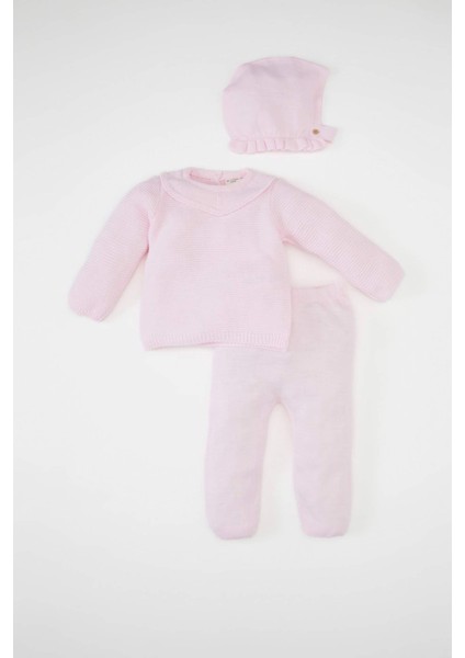 Kız Bebek 3'lü Takım Basic Düz Triko Kazak Beli Lastikli Alt Bere