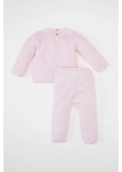 Kız Bebek 3'lü Takım Basic Düz Triko Kazak Beli Lastikli Alt Bere