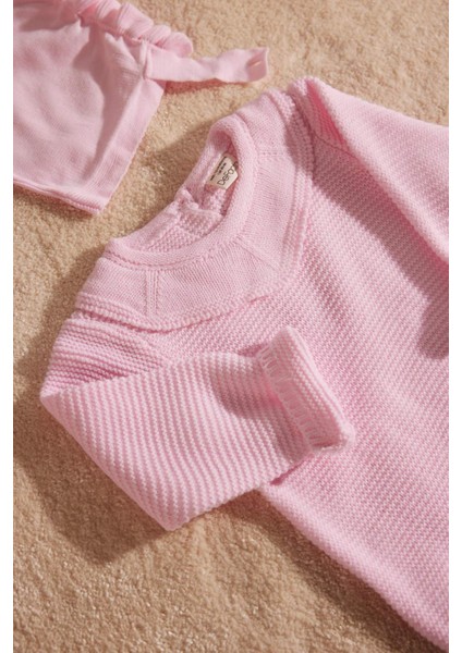 Kız Bebek 3'lü Takım Basic Düz Triko Kazak Beli Lastikli Alt Bere