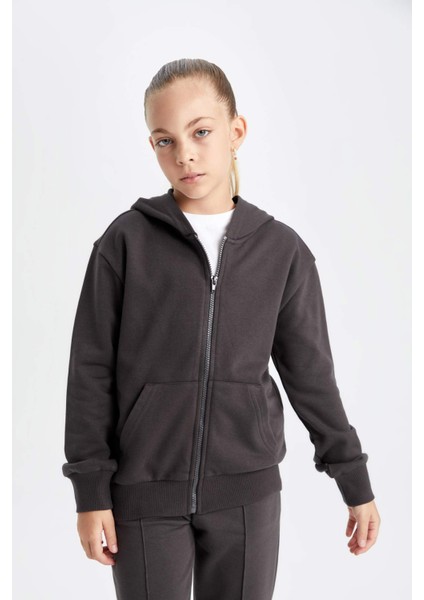 Kız Çocuk Antrasit Basic Düz Kapüşonlu Fermuarlı Okul Hırkası C8110A824AU