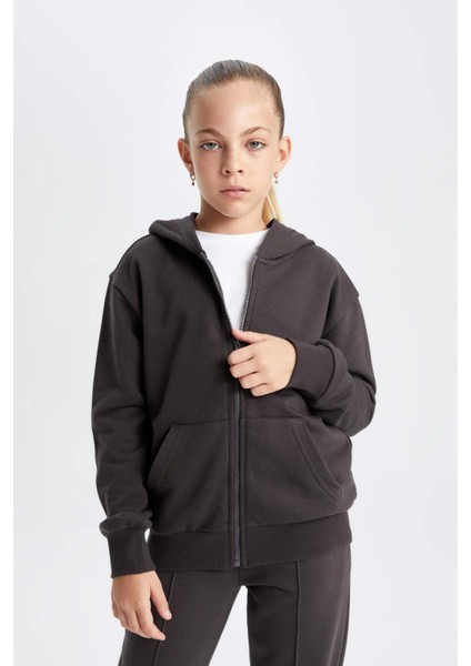 Kız Çocuk Antrasit Basic Düz Kapüşonlu Fermuarlı Okul Hırkası C8110A824AU