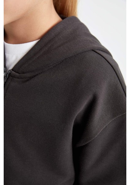 Kız Çocuk Antrasit Basic Düz Kapüşonlu Fermuarlı Okul Hırkası C8110A824AU