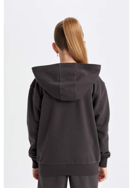 Kız Çocuk Antrasit Basic Düz Kapüşonlu Fermuarlı Okul Hırkası C8110A824AU