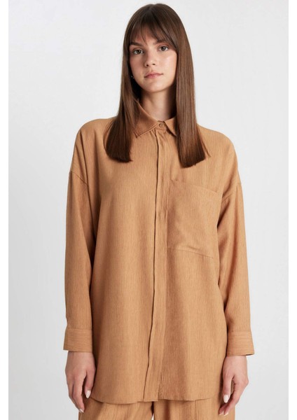 Relax Fit Krinkıl Kumaş Uzun Kollu Tesettür Gömlek Tunik C6482AX24SM