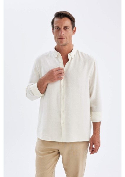 Relax Fit Polo Yaka Poplin Modal Basic Düz Uzun Kollu Siyah Gömlek